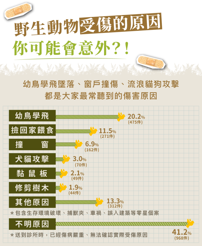 長條圖:野生動物受傷原因統計,幼鳥學飛墜落占20.2%