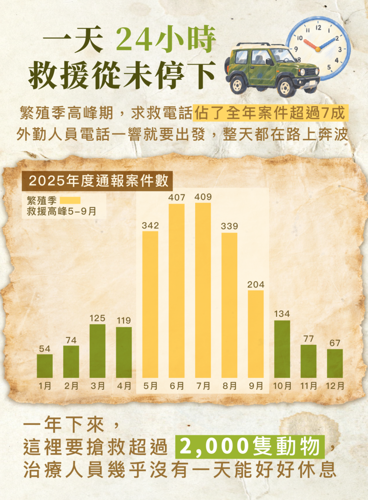 長條圖:2025年每月通報案件數,5至9月繁殖季為救援高峰