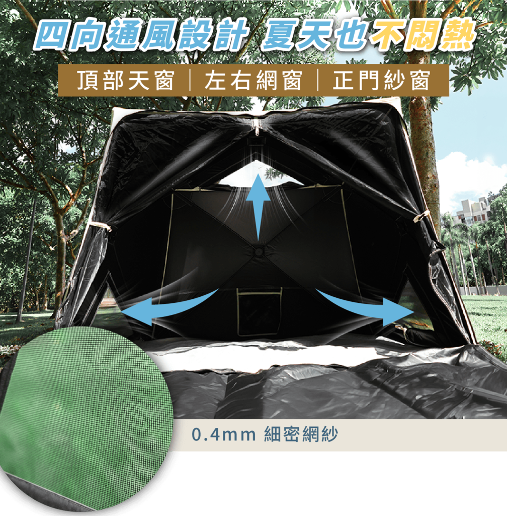 帳篷四向通風設計:頂部天窗、左右網窗與正門紗窗