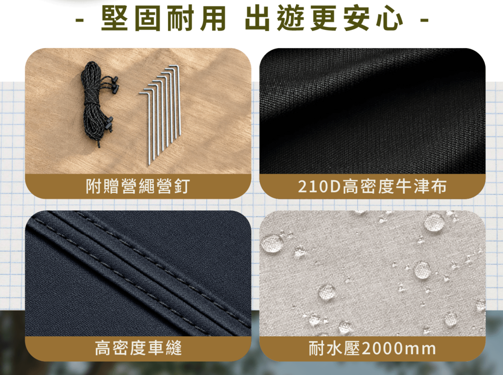 帳篷用料細節:附營繩營釘、210D牛津布與耐水壓2000mm
